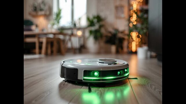 Robot vacuum cleaning modern home hardwood floor