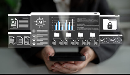A business professional engages with digital analytics on a smartphone, showcasing modern technology and data insights in a contemporary office environment. Gantry