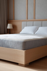 Modern minimalist bedroom with a comfortable mattress and clean white pillows on a wooden bed frame