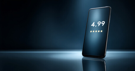 Smartphone displaying a high five-star rating and score of 4.99 on screen with dark blue gradient background and reflective surface