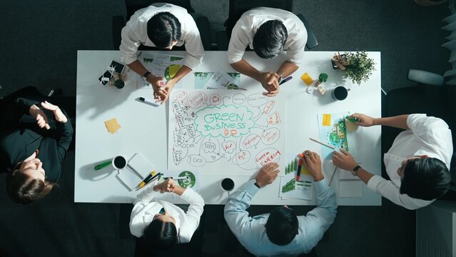 Time lapse of skilled business team working together to brainstorm environmental idea by using mind map. Aerial view of skilled manager talking and discussing about sustainable energy. Alimentation.