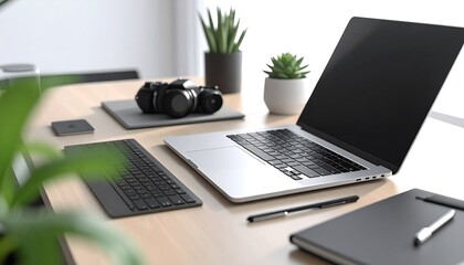 Modern Workspace: A minimalist office setup features a sleek laptop, camera, keyboard and other tech gadgets on a clean wooden desk, surrounded by potted plants.