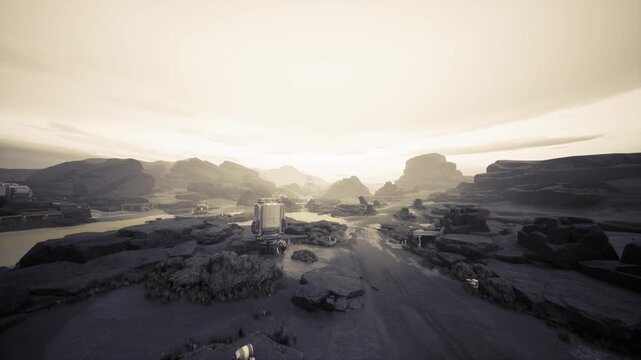 sepia sunrise over remote desert landscape. aerial cinematic view with rugged canyon roads, dilapidated mining structures, scattered vehicles, dust filled light