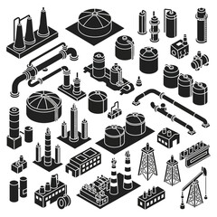 Industrial infrastructure elements collection black and white. © islak