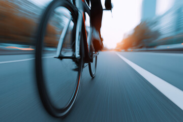Close-up of a cyclist's legs and bicycle wheel in motion on a blurred city street