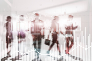 Global business growth chart on virtual screen with world map and people silhouettes background