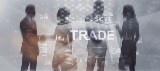 Trade. Business people discussing trade and finance with graphs, charts. Currency symbols global market investment