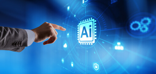 A businessman interacts with a glowing AI icon on a futuristic digital interface dashboard