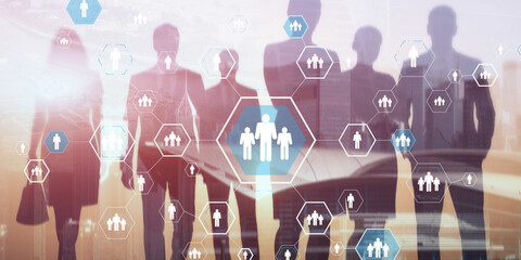 Businessman interacting with digital social network icons and hologram projection