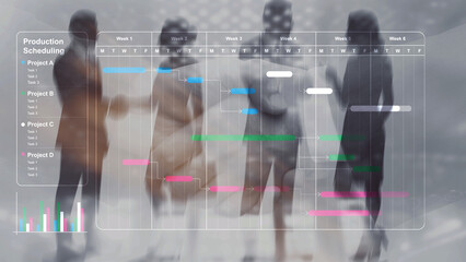 Business professional analyzing digital project timeline on interactive screen