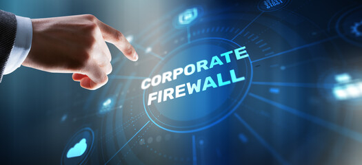 Corporate firewall system protecting business network from cyber threats and data breaches