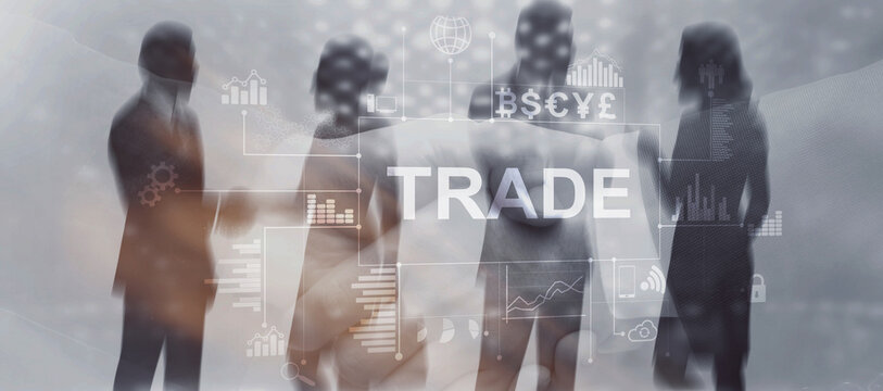 Trade. Business people discussing trade and finance with graphs, charts. Currency symbols global market investment - Powered by Adobe