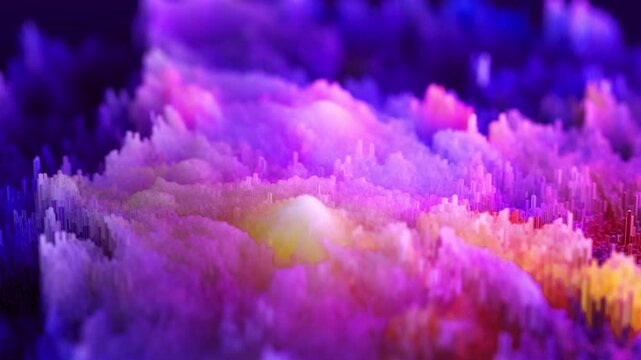 Abstract 3 D landscape of glowing purple pink and yellow volumetric data blocks forming a