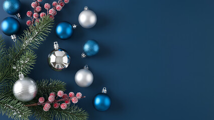 Fototapeta premium Blue Christmas Ornaments with Pine Branches – Festive Holiday Flat Lay 