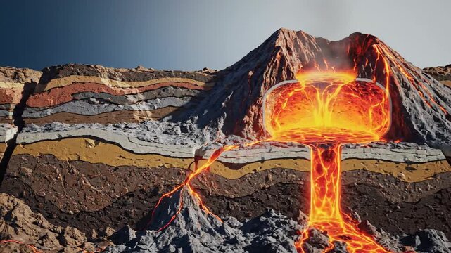 Educational 3D cross-section of an active volcano illustrating the magma chamber, lava flows, and distinct geological rock layers of the earth's crust for science and nature media.
