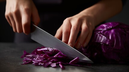 Hands slicing red cabbage with chef knife on dark table for healthy meal prep and low carb cooking concept