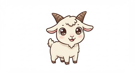 Fototapeta premium 可愛い笑顔の白い子ヤギが立つ明るく楽しい動物イラストふわふわの毛並みと小さな角が愛らしいキャラクター. AI Generated
