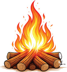 Vibrant campfire with bright orange and yellow flames and stacked logs on white background