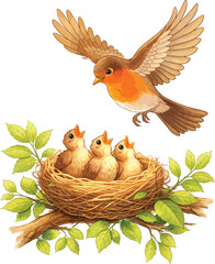 Watercolor of a robin bird flying over a nest with three hungry chicks on a branch