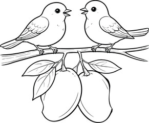 Black and white line of two birds perched on a branch with two fruits hanging below