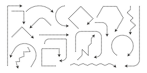 Comprehensive set of versatile black dotted arrow icons and decorative line paths featuring curved, straight, wavy, angular, and circular directional elements.