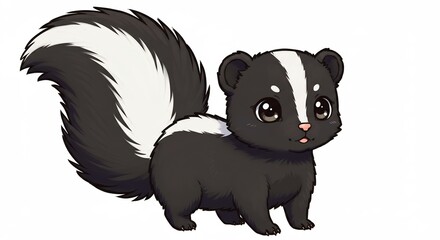 白い背景に立つ大きなふわふわの尻尾を持つ愛らしい表情の黒と白のしま模様スカンクのデフォルメイラスト. AI Generated