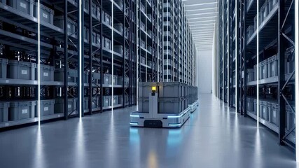 Robotic automated guided vehicle moving down aisle in modern warehouse with storage racks. Smart logistics warehouse for global delivery. - Powered by Adobe