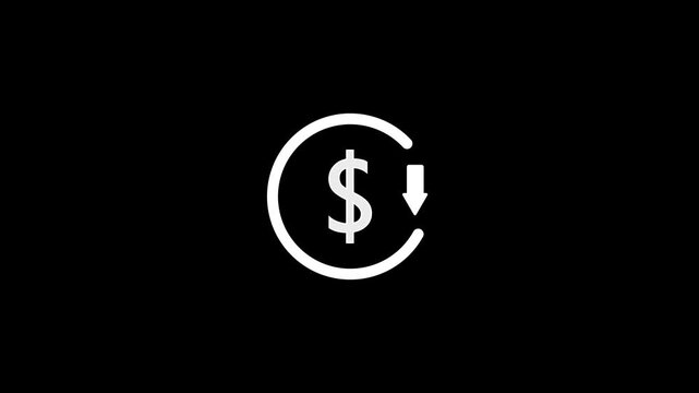 Money reduction icon. Dollar currency price drop concept. circle with down arrow moving animation.on a black background, with video animation.