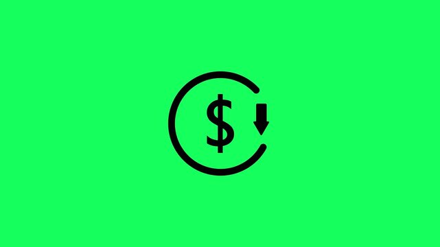 Black color money reduction icon. Dollar currency price drop concept. circle with down arrow moving animation.on a green background, with video animation.