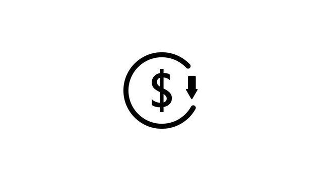 Money reduction icon. Dollar currency price drop concept. circle with down arrow moving animation.on a white background, with video animation.
