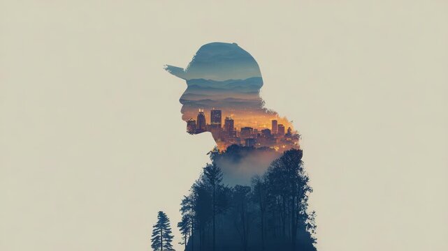 Silhouette of man in cap filled with glowing city skyline and forest landscape, artistic double exposure style on light background, concept of identity
