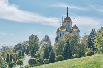 All Saints church with Golden domes at Mamayev Kurgan, Volgograd, Russia