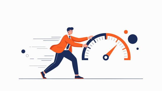 Businessman pushing speed indicator to maximum speed