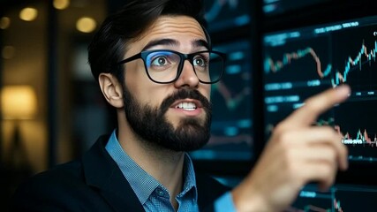 Focused businessman analyzing data on multiple screens with surprise - Powered by Adobe