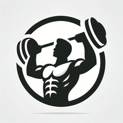 Strong muscular man lifting weights in fitness circle symbol