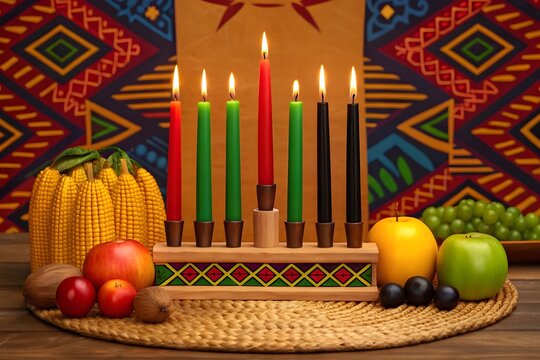 Traditional Kwanzaa Celebration with Kinara Candles and Symbolic Harvest Fruits