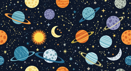 Majestic outer space seamless pattern featuring planets with rings sun moon stars and constellations on a dark starry night sky background.
