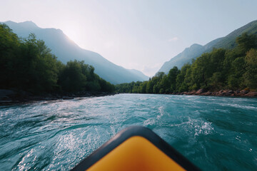 Kayaking down a vibrant blue river surrounded by lush green mountains and trees