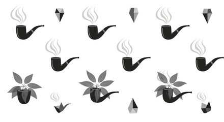 Obraz premium Artistic pattern of smoking pipes with wisps of smoke, geometric shapes, and green plants arranged in a repetitive layout.