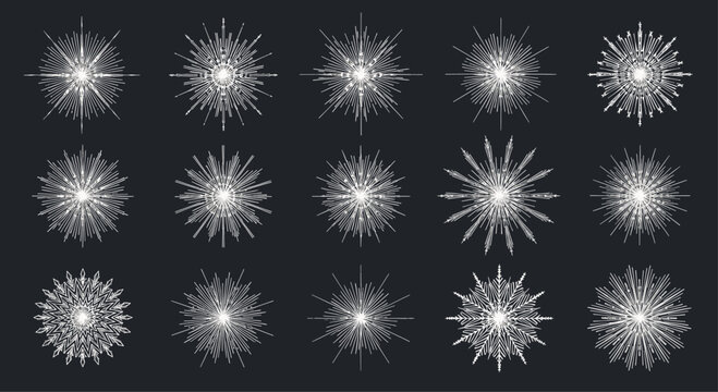 Collection of various starburst and sparkle icons with radiating lines on a dark background for celebration and magical design elements.