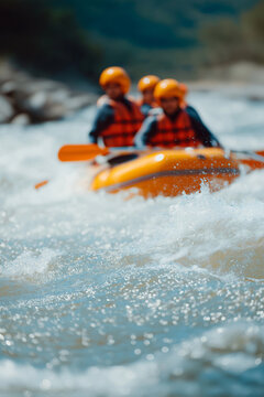 Group of people in a raft navigating turbulent white water rapids on a sunny day