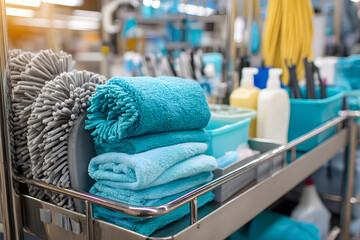 Cleaning supplies and tools organized on a cart in a storage area for maintenance and cleaning tasks