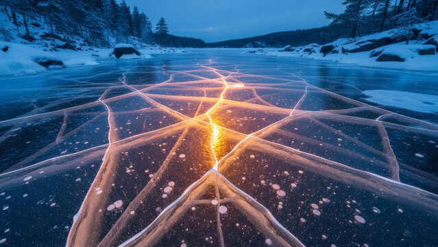 A striking view of a fractured, frozen river or lake at night, showcasing stunning ice cracks highlighted by a warm, intense light from below. This creates a vivid contrast against the dark winter lan