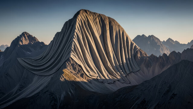 Majestic mountain peak covered in draped white fabric layers resembling giant curtains over rocky terrain under clear blue sky creating surreal artistic landscape fusion of nature and manmade textile