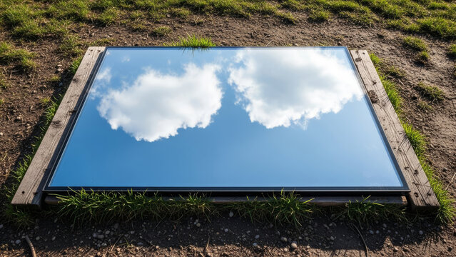 Flat mirror lying on ground in grassy field reflecting clear blue sky with white fluffy clouds creating surreal window effect on earth surface representing reflection and introspection concept art