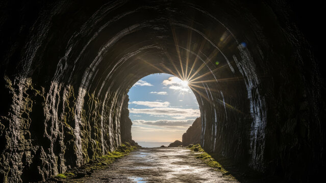 Dark stone tunnel interior looking out toward bright sunny day over ocean with sunlight beaming through opening representing hope and light at end of tunnel metaphor for overcoming difficult times