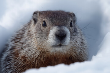 Close-up portrait of a groundhog peeking out from the snow in winter