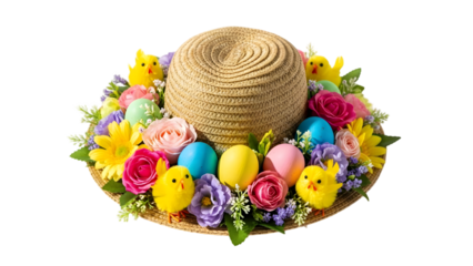Straw hat surrounded by colorful Easter eggs and flowers with yellow chicks colorful flowers