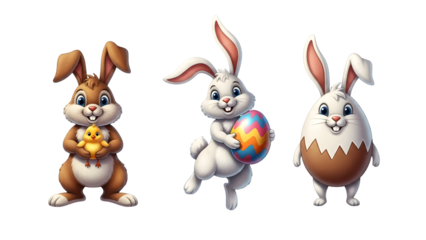 Three cartoon bunnies with Easter eggs and chick