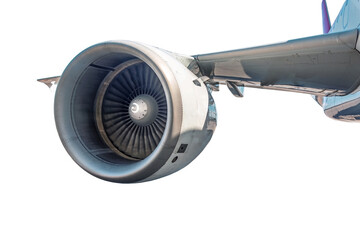Detailed view of the engine and wing on a white background isolated